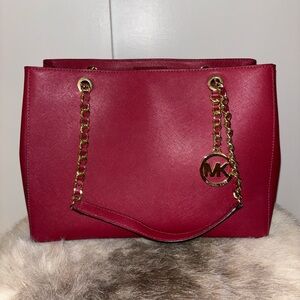 Michael Kors Susannah Cherry Red Large Tote with Gold Chain